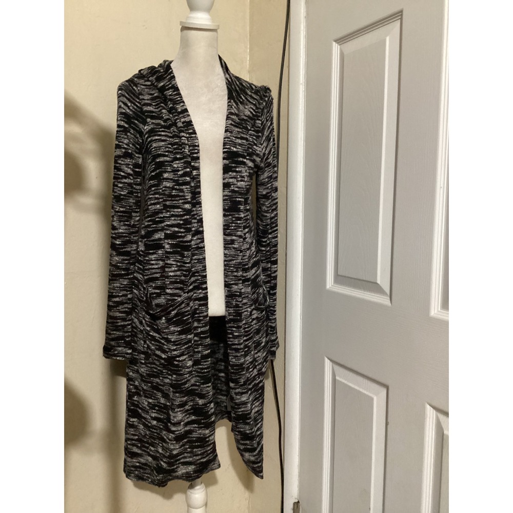 Splendid Womens Space Dye Hooded Longline Cardigan Duster Sweater Black White M